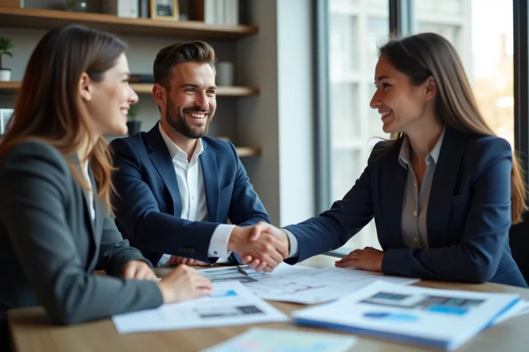 Agent immobilier en costume serre main couple confiance