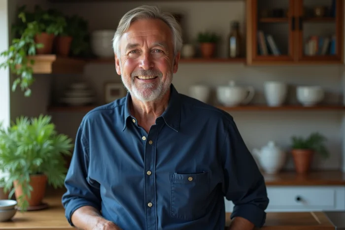 Portrait d'un animateur télévision dans son intérieur chaleureux et élégant, évoquant la vie domestique et personnelle d'une personnalité médiatique