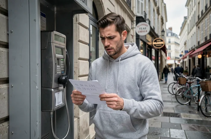 Homme en situation de détresse cherchant à contacter une assistante sociale par téléphone en urgence