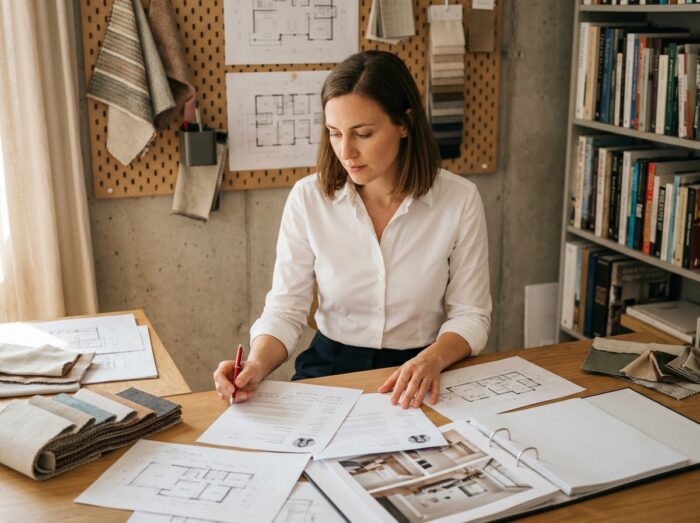 Architecte d'intérieur révisant son CV avec des annotations manuscrites sur un bureau créatif entouré de matériaux et plans