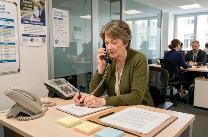 Assistante sociale répondant à un appel d'urgence au téléphone dans un bureau administratif
