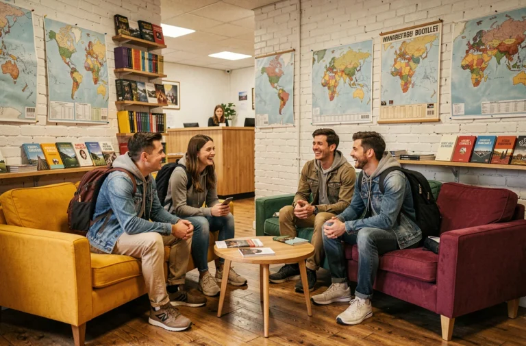 Groupe de jeunes voyageurs dans le salon commun d'une auberge de jeunesse moderne
