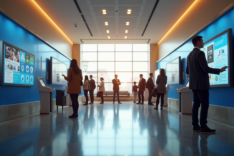 Lobby bancaire moderne avec écrans tactiles et clients