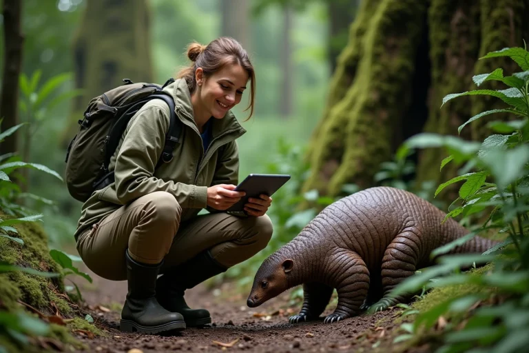 Biologiste en forêt tropicale avec un pangolin rare
