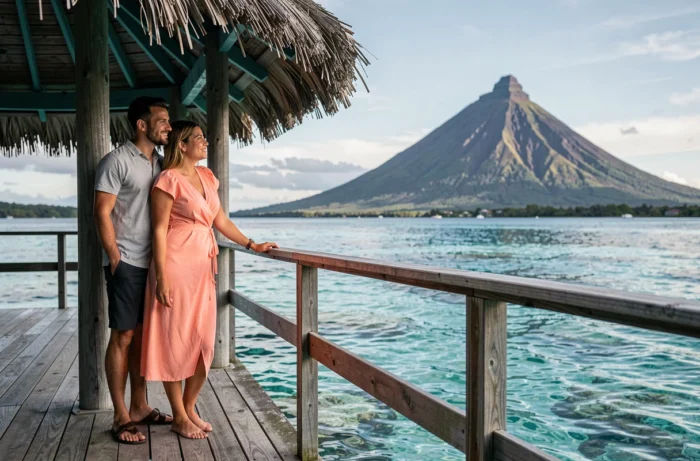 Couple en lune de miel sur le pont d'un bungalow sur pilotis en Polynésie française face à un lagon turquoise