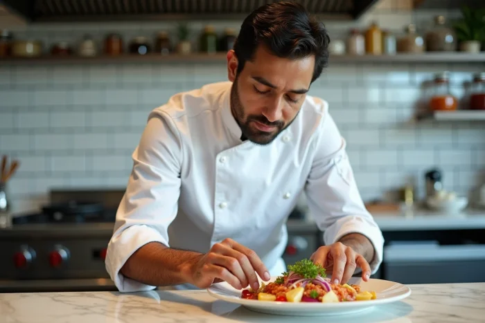 Chef latino-américain assemblant un ceviche péruvien classique sur un comptoir en marbre dans une cuisine de restaurant moderne