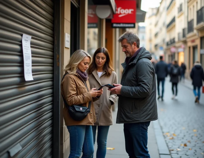 Des clients découvrant la fermeture d'un magasin Galeries Lafayette devant les rideaux baissés