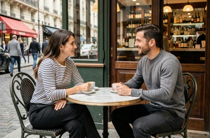 Deux collègues en discussion détendue en terrasse de café à Paris, représentant la convivialité et le bien-être au travail dans la capitale