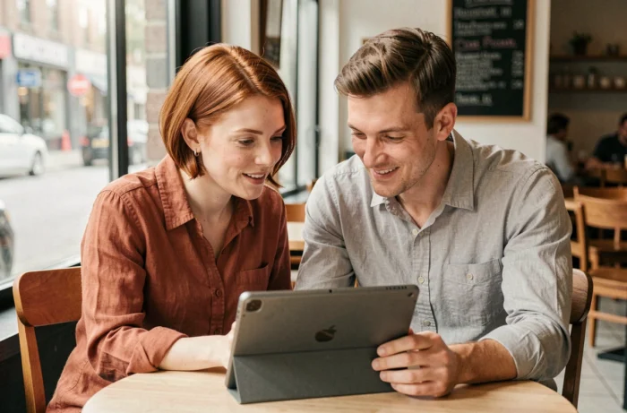 Deux collègues consultant ensemble des ressources en ligne pour développer leur activité dans un café