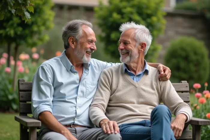 Deux hommes souriants assis ensemble sur un banc en bois dans un jardin fleuri, illustrant la vie privée et complice d'un animateur télévision célèbre