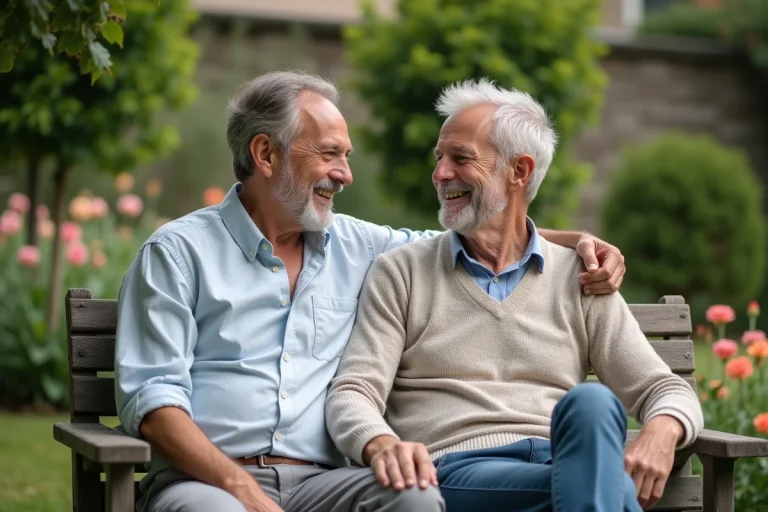 Deux hommes souriants assis ensemble sur un banc en bois dans un jardin fleuri, illustrant la vie privée et complice d'un animateur télévision célèbre