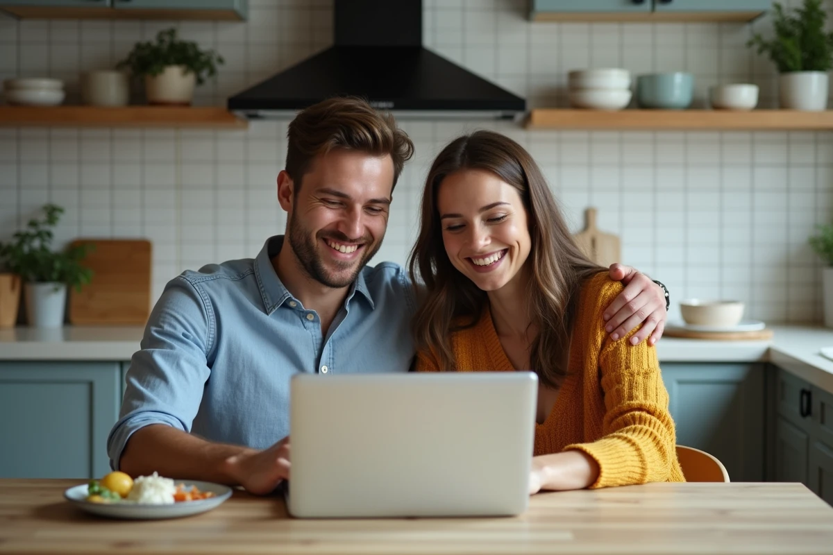 Jeune couple regardant un ordinateur dans la cuisine