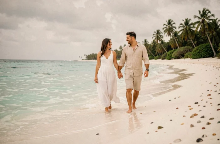 Couple de jeunes mariés marchant pieds nus sur une plage tropicale isolée lors de leur voyage de noces