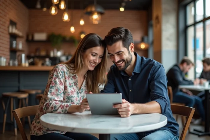 Couple de futurs mariés consultant ensemble un site d'organisation de mariage sur une tablette dans un café