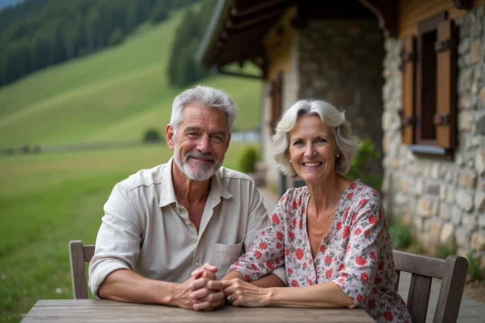 Couple italien d'âge mûr assis devant une ferme traditionnelle du Tyrol du Sud, représentant les racines familiales et culturelles de la région natale de Jannik Sinner