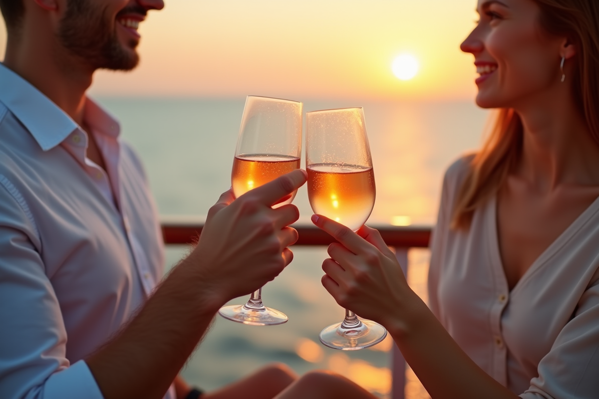 Jeune couple trinquant avec rosé sur un balcon de croisière