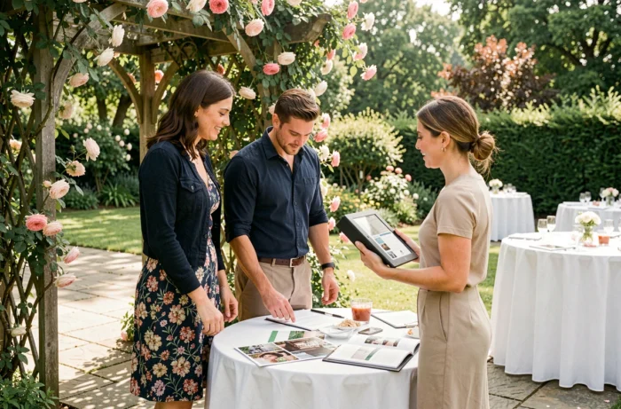 Couple discutant avec une wedding planner dans un jardin fleuri lors de la planification de leur mariage