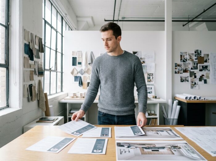 Designer d'intérieur masculin organisant les sections de son CV dans un studio d'architecture avec moodboards au mur