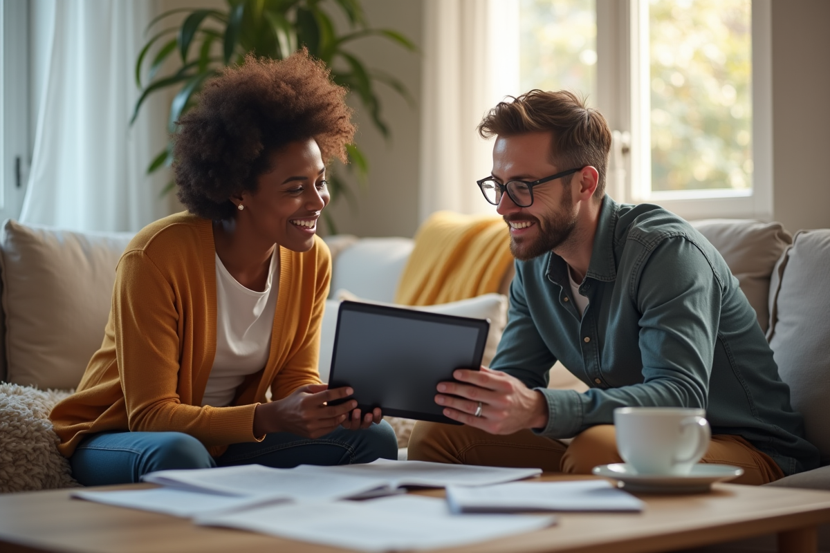 Deux adultes discutant de listings sur une tablette dans un salon lumineux