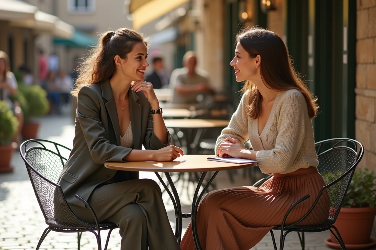 Deux jeunes femmes discutant dans un café en terrasse