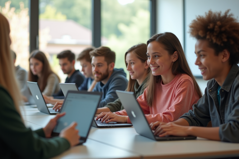 Groupe d'élèves au lycée utilisant ordinateurs en classe lumineuse