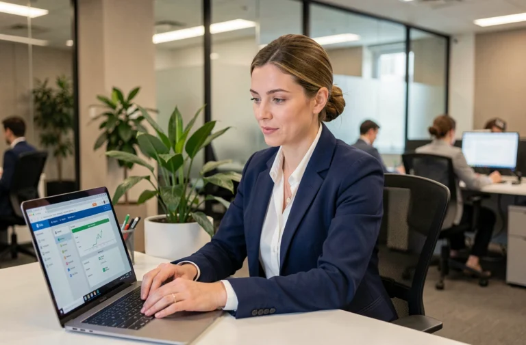 Employée de banque gérant ses congés sur l'espace RH ALIS de BNP Paribas depuis son bureau en open space