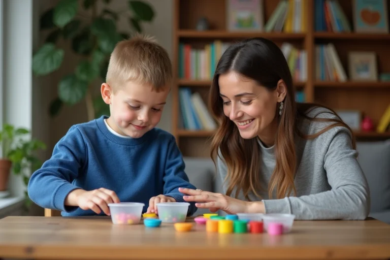 Jeune garçon de six ans trier des jetons avec une femme dans un salon
