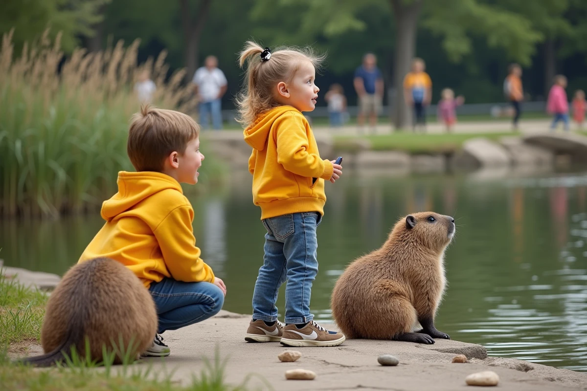 Jeunes enfants regardant des capybaras au zoo