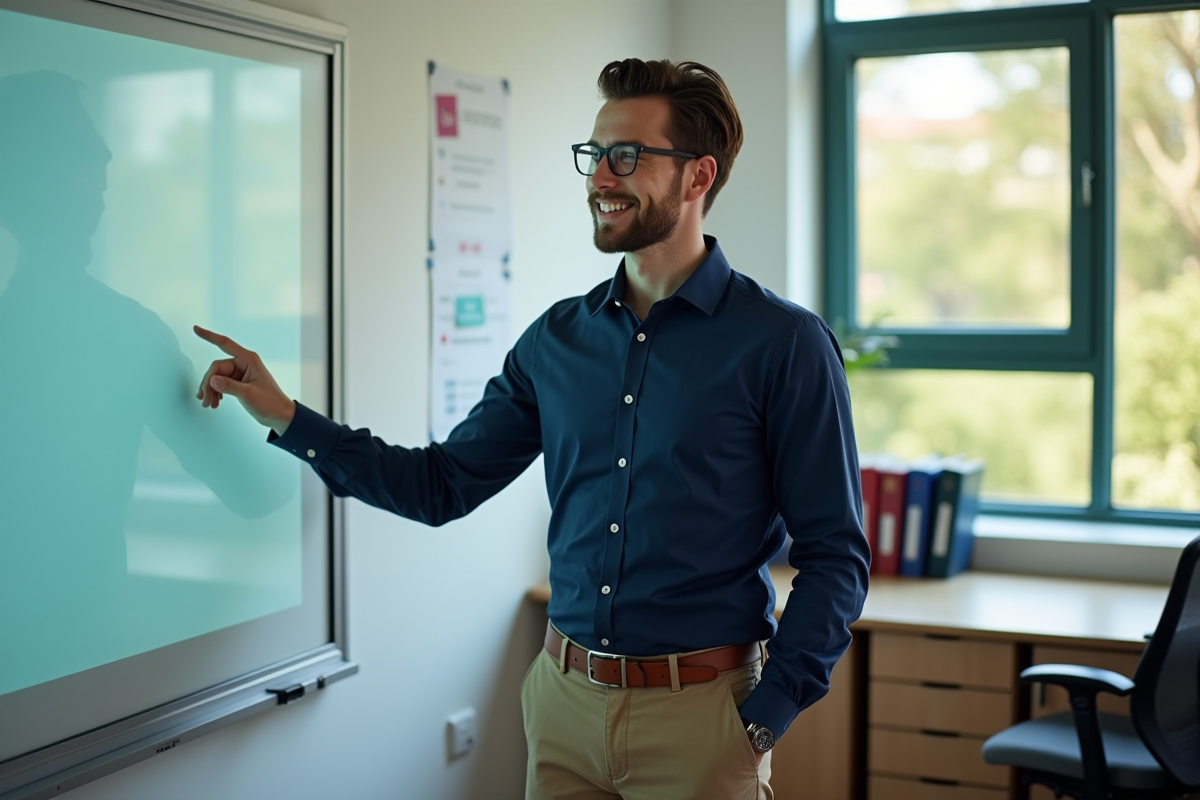 Enseignant avec tableau blanc numérique dans un bureau scolaire