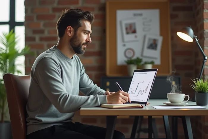 Entrepreneur concentré prenant des notes sur une feuille de route de croissance dans un bureau minimaliste inspirant
