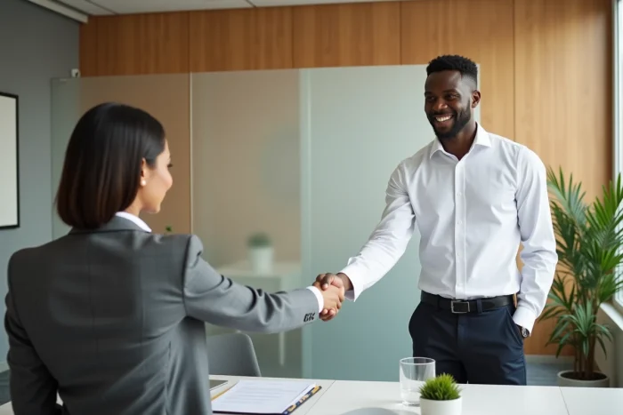 Jeune homme en entretien d'embauche serrant la main d'une recruteuse dans un bureau minimaliste, illustrant l'égalité des chances sur le marché du travail