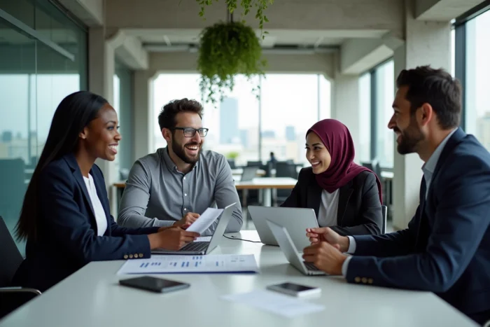 Équipe professionnelle diversifiée collaborant autour d'une table de réunion dans un bureau moderne pour booster leur carrière
