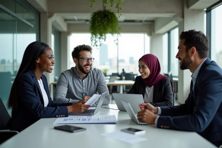 Équipe professionnelle diversifiée collaborant autour d'une table de réunion dans un bureau moderne pour booster leur carrière