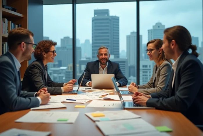 Équipe de professionnels en réunion stratégique autour d'une table de conférence avec vue sur la ville