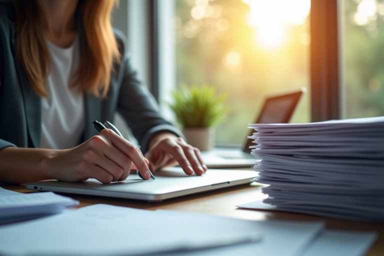 Espace de travail professionnel avec lumière naturelle et documents numériques