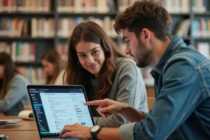 Deux étudiants consultant la messagerie Roundcube d'Aix-Marseille Université dans une bibliothèque universitaire moderne