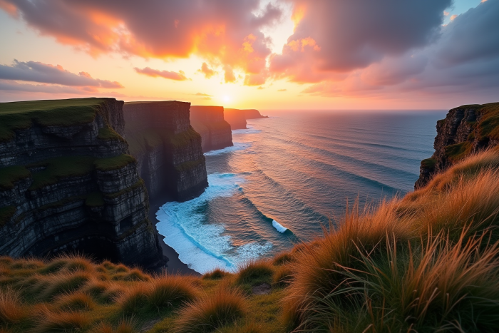 Falaises spectaculaires au coucher de soleil sur la mer