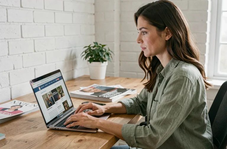 Femme consultant l'actualité culturelle et médiatique sur un ordinateur portable dans un bureau moderne