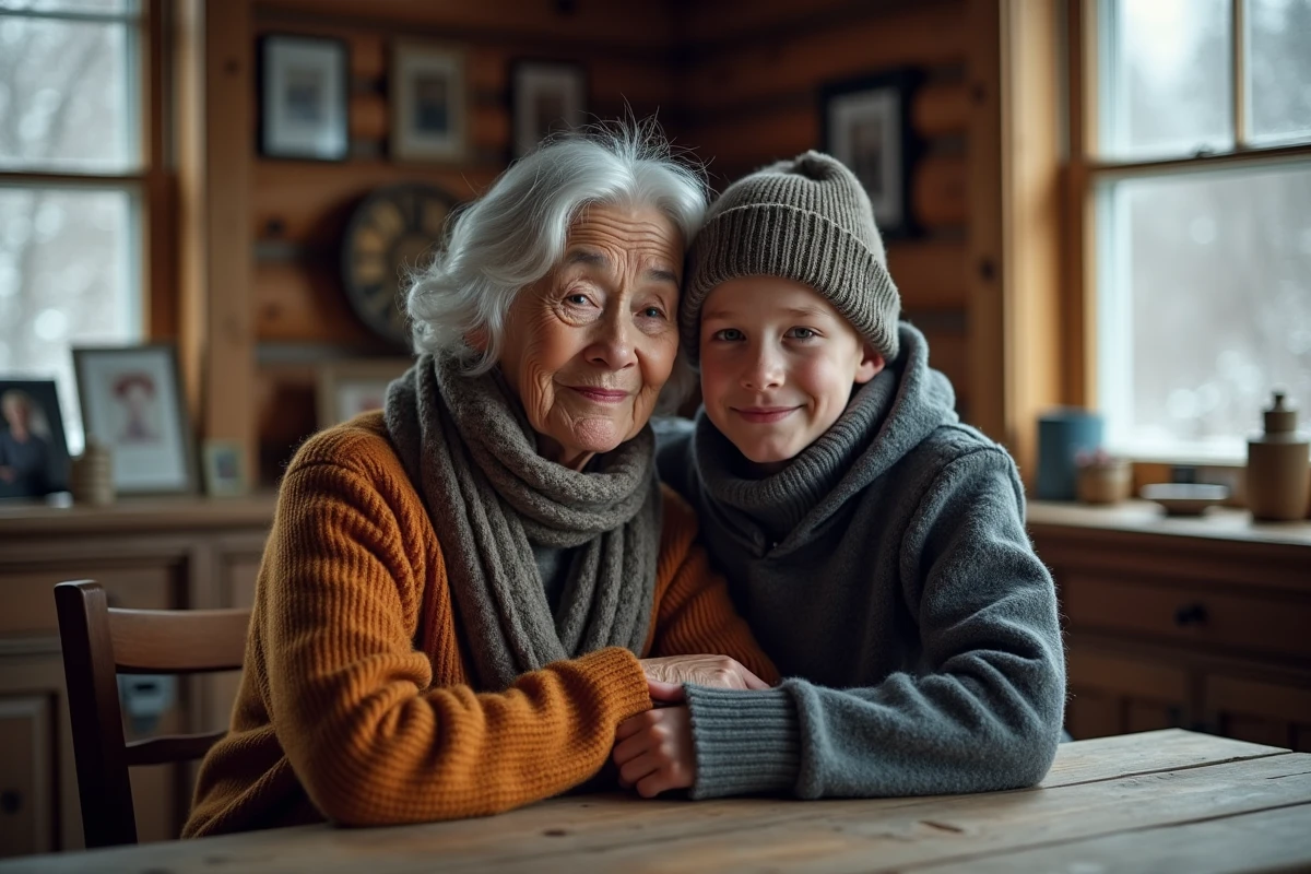 Femme âgée et adolescent dans une cabane chaleureuse