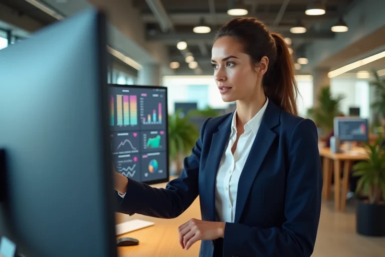 Femme d'affaires analysant des données de croissance sur un écran dans un bureau moderne et collaboratif en 2024