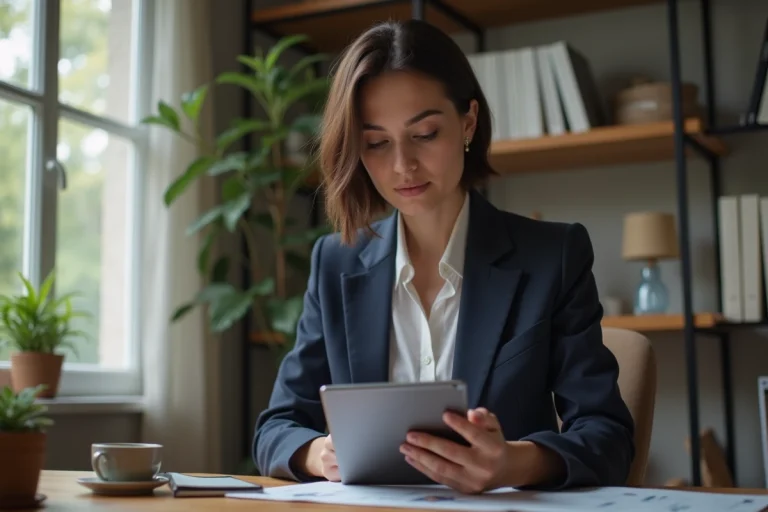 Jeune femme d'affaires consulte des graphiques sur une tablette dans un bureau