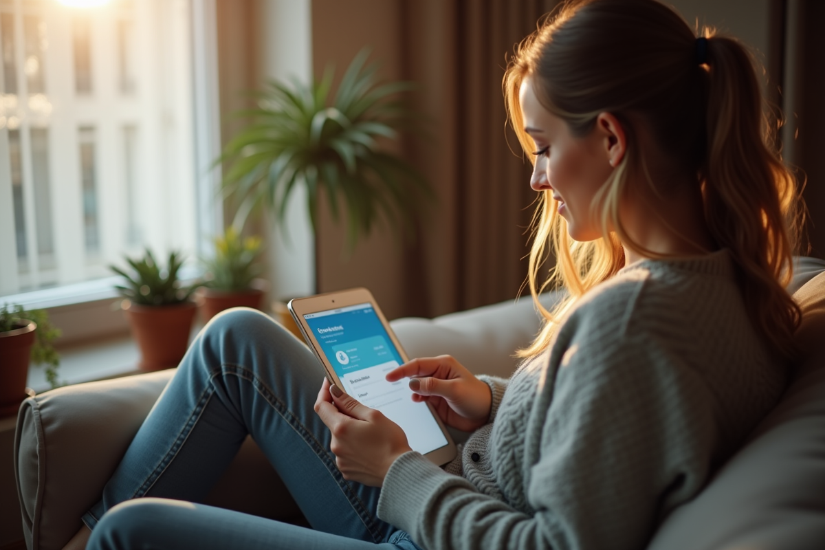 Jeune femme accédant à sa banque en ligne sur une tablette