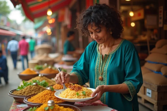 Femme sud-asiatique préparant un biryani indien parfumé dans un marché de rue animé à Mumbai