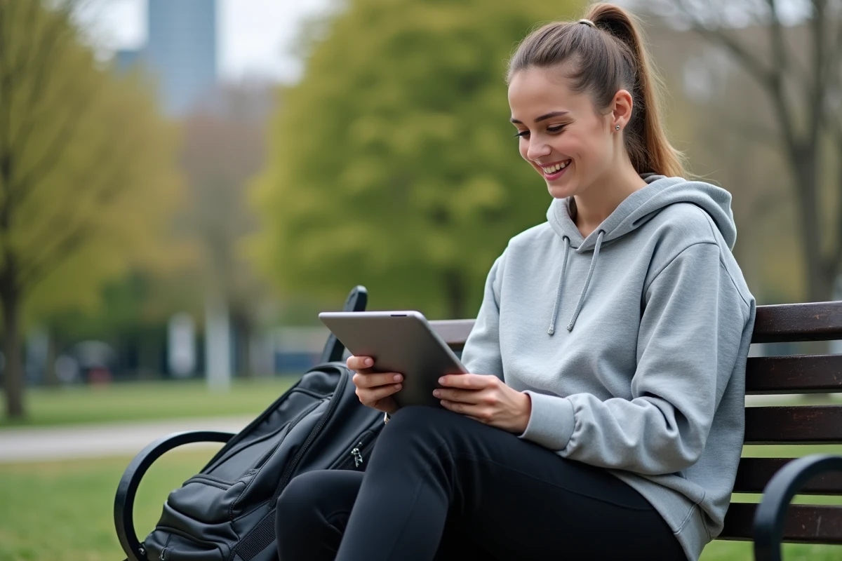 Jeune femme regardant contenu sécurisé sur tablette en parc