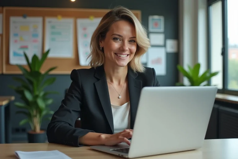 Femme en blazer travaillant sur un ordinateur dans un bureau moderne