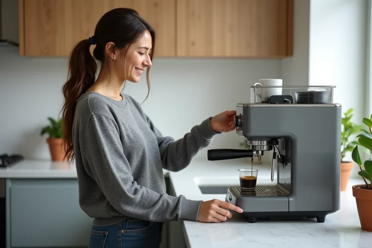 Femme pressant une machine à café dans une cuisine lumineuse