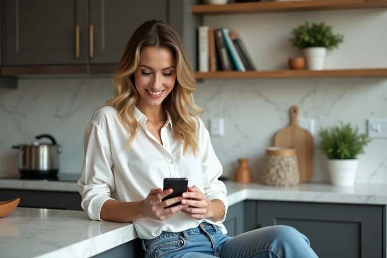 Femme souriante dans une cuisine moderne et chaleureuse