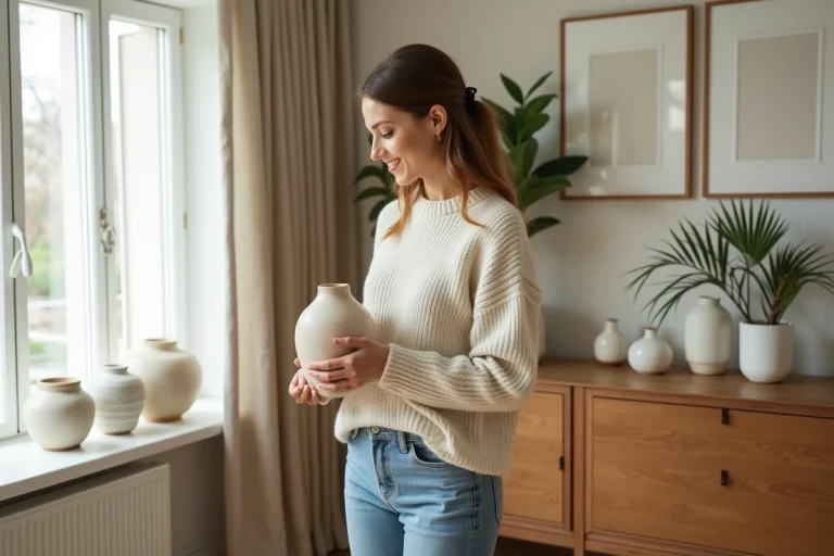 Femme arrangeant des vases en céramique dans un salon lumineux