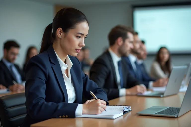Une professionnelle en formation continue prend des notes sur un bureau moderne dans une salle de formation professionnelle