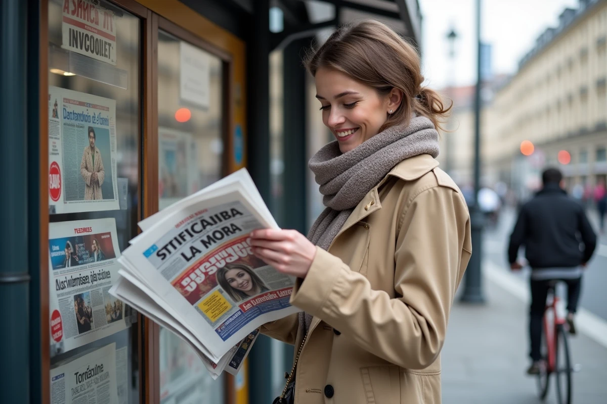 Jeune femme achetant un journal dans un kiosque